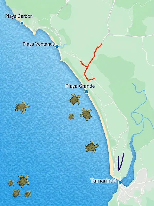 Map of Playa Grande showing the village (red) and Palm Beach Estates (blue)