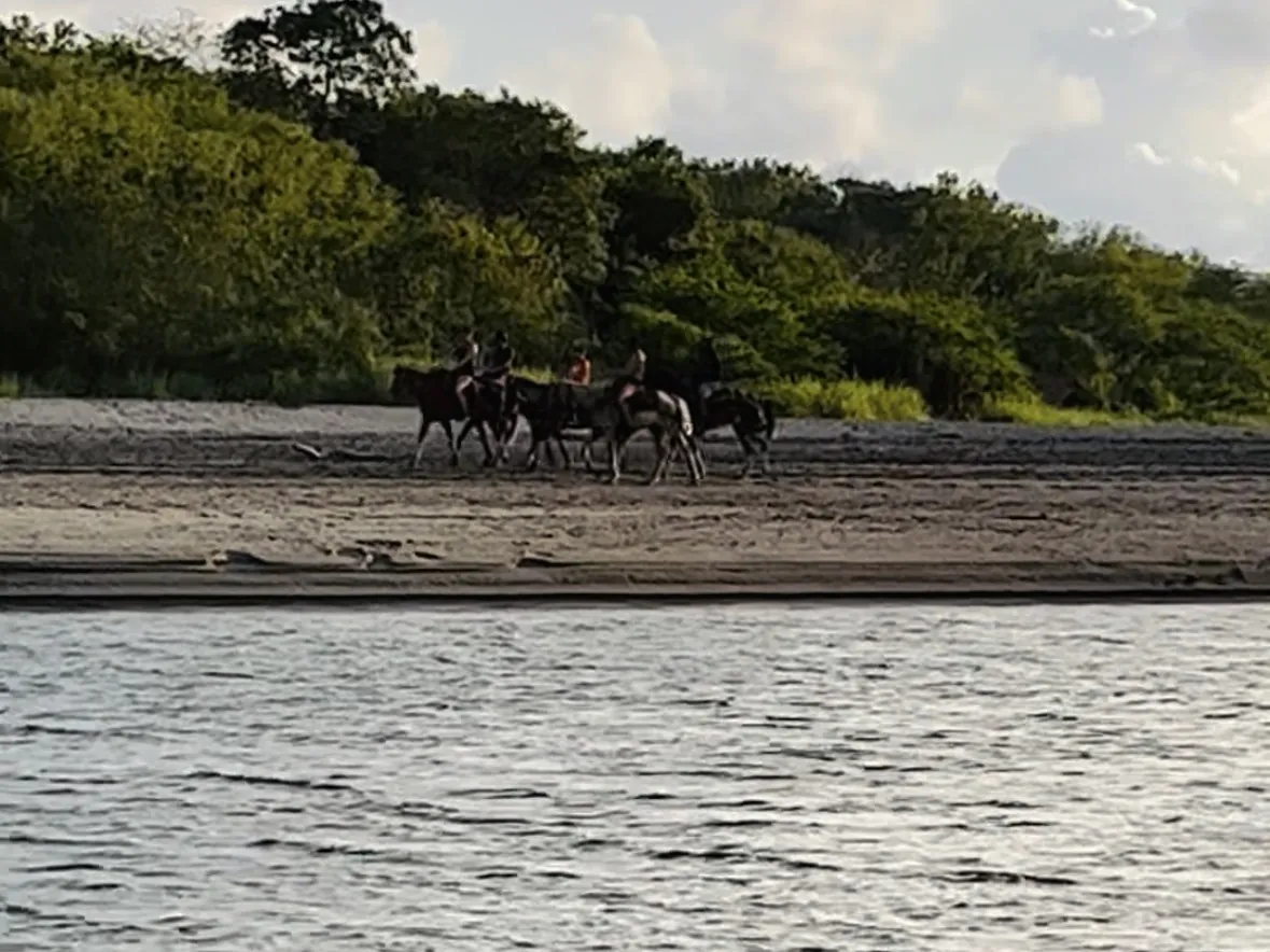 Looking across the Tamarindo estuary to riders on the far bank