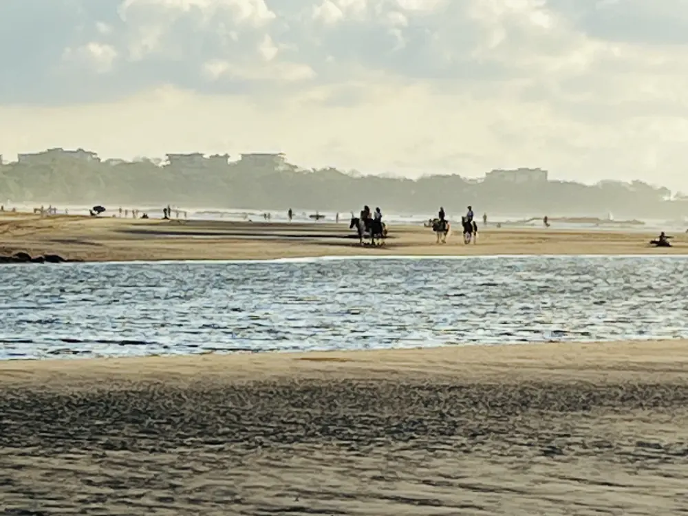 Horseback riders on the sand at the estuary mouth
